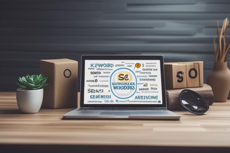 An illustration showing a variety of keywords and search terms related to SEO