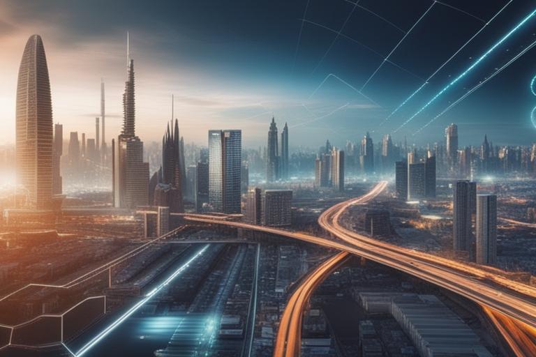 An image showing a futuristic city skyline with technology and digital elements integrated