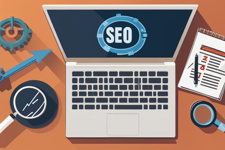 The featured image should be of a person working on a laptop with various SEO related elements surro