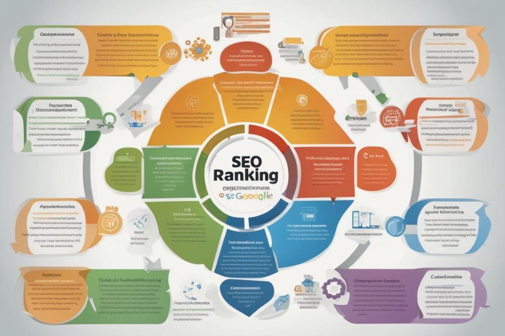 An image of a colorful and dynamic infographic displaying the key factors affecting SEO ranking