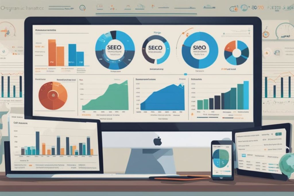 An image of a digital analytics dashboard showing various SEO metrics such as organic traffic