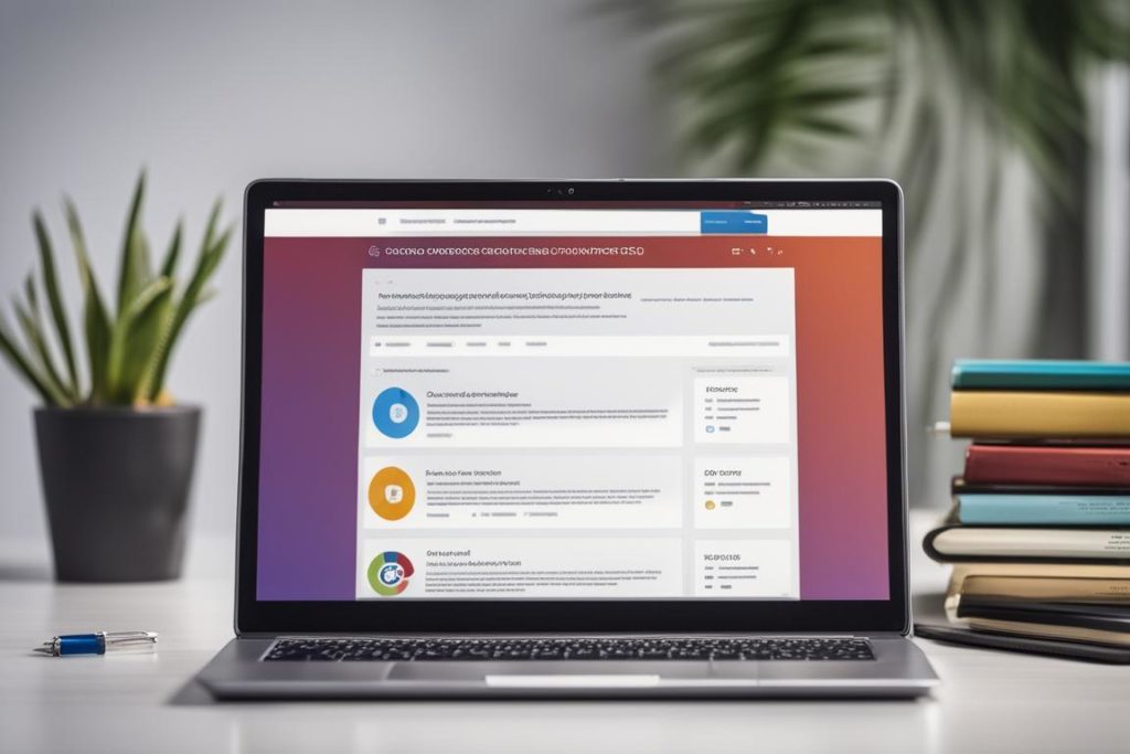 An image of a laptop with a webpage showing search engine results pages (SERPs) for various keywords