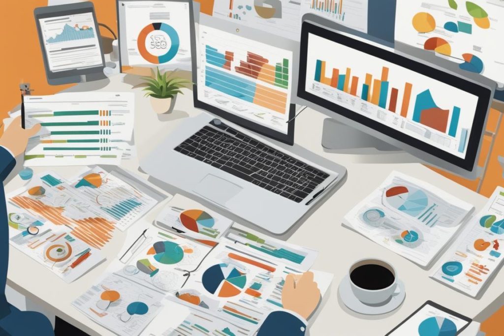 An image of a person analyzing data on a computer screen while surrounded by various SEO tools and c