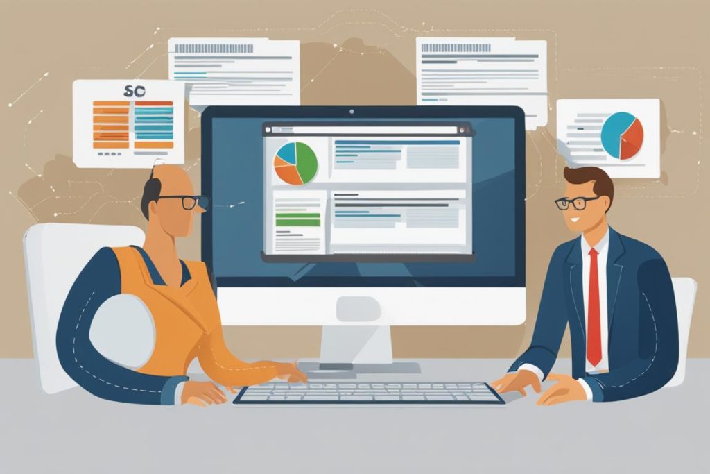 An image of a website administrator monitoring backlink profiles using analytical tools and software