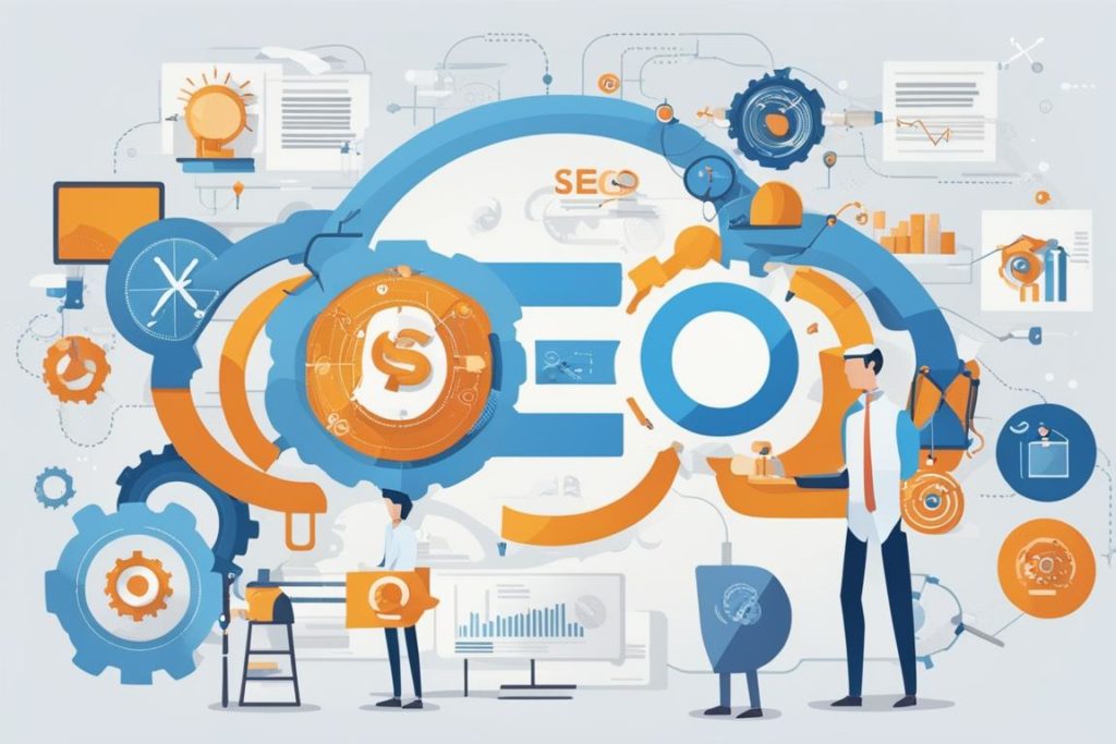 The image should feature a modern AI technology interface interacting with search engine optimizatio