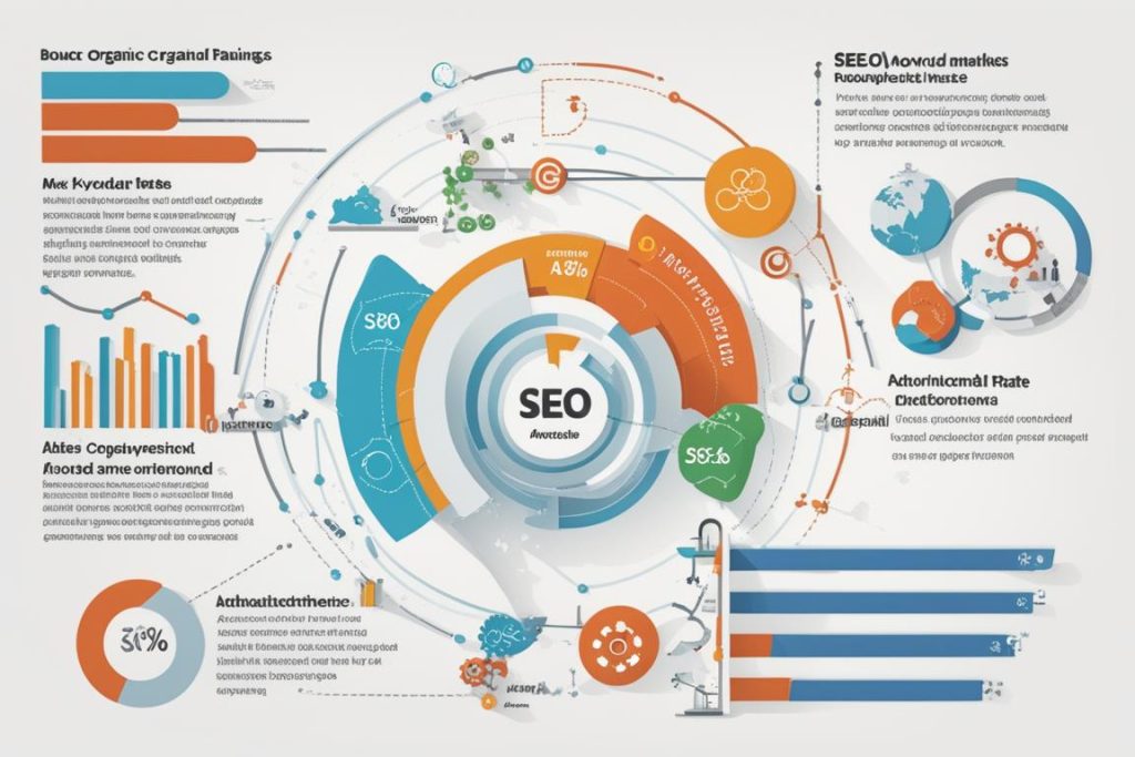 An illustrative graph showcasing various SEO metrics such as organic traffic