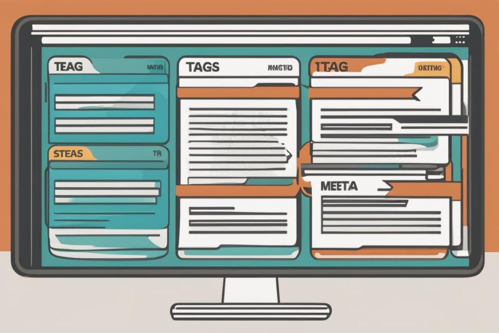 An image of a computer screen displaying a website's meta tags being optimized using various platfor
