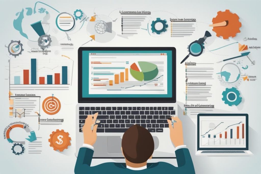 An image of a person working on a laptop with SEO-related tools and charts on the screen