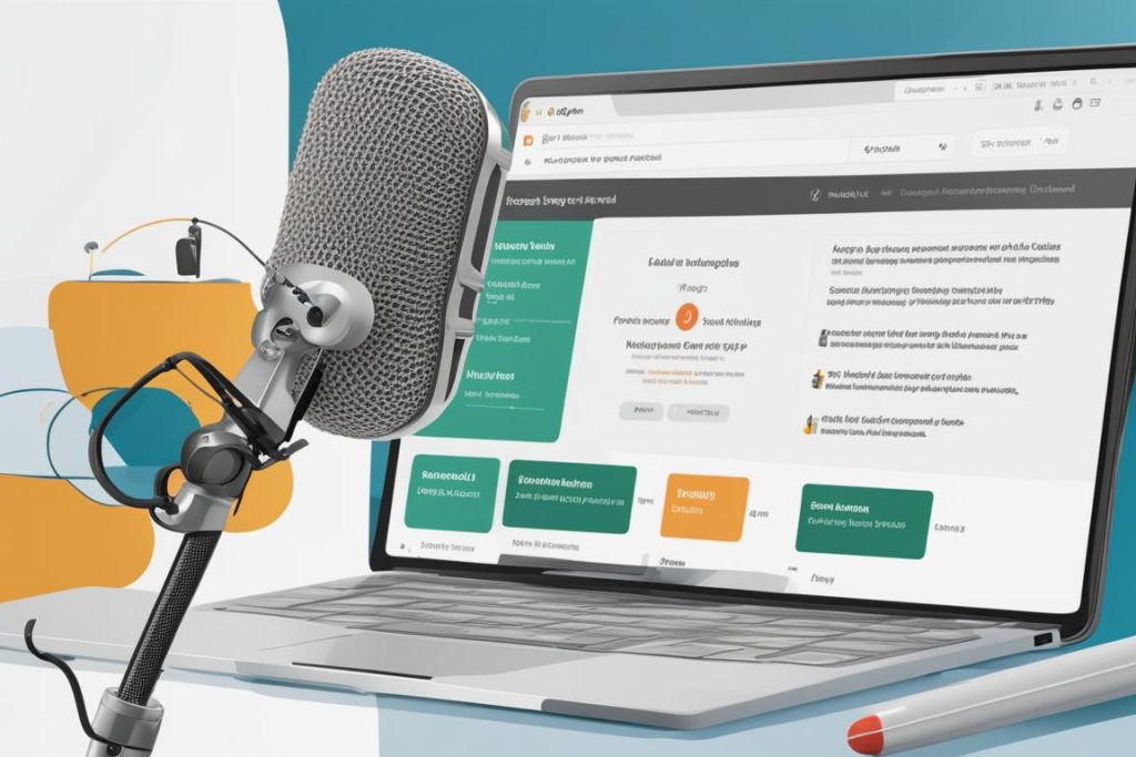 An image of a podcast microphone with a search engine results page (SERP) displayed on the screen