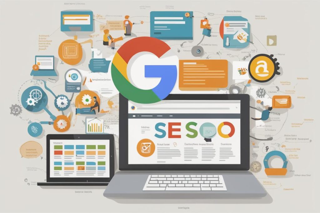 An image of a search engine results page with various search results and snippets to visually repres