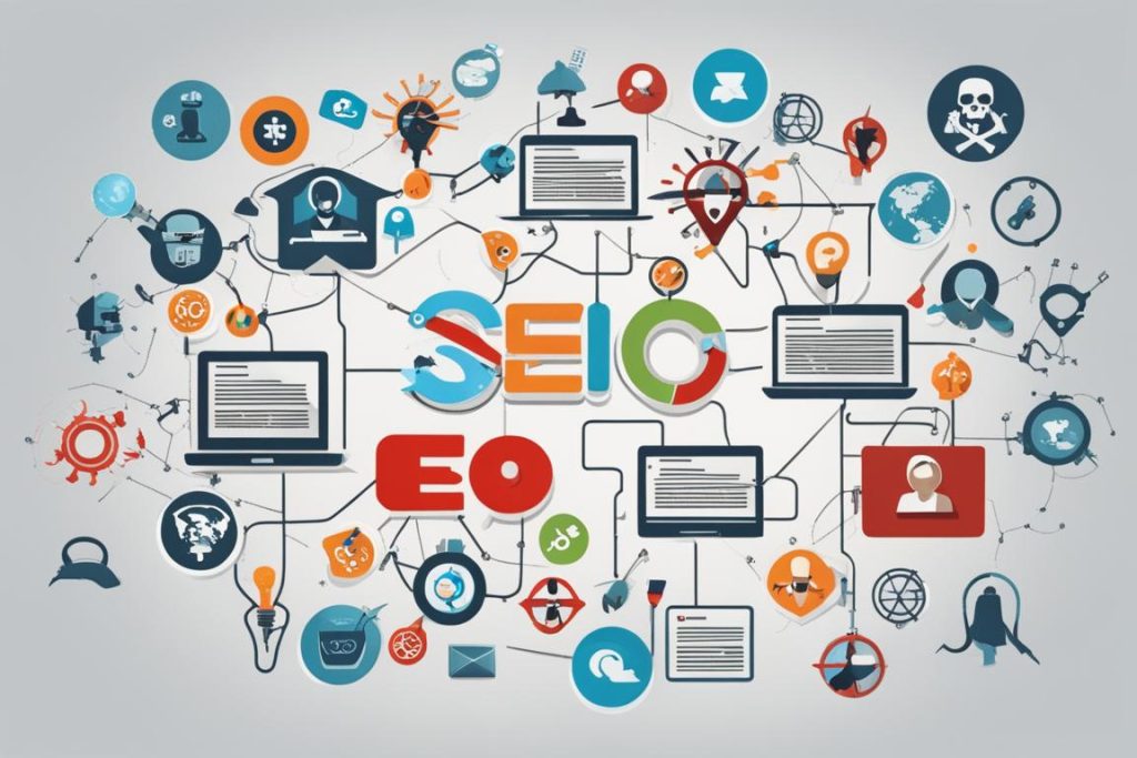 The featured image could be a visual representation of various negative SEO tactics