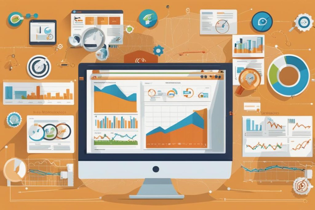 The featured image should depict a digital marketing dashboard with various SEO performance metrics