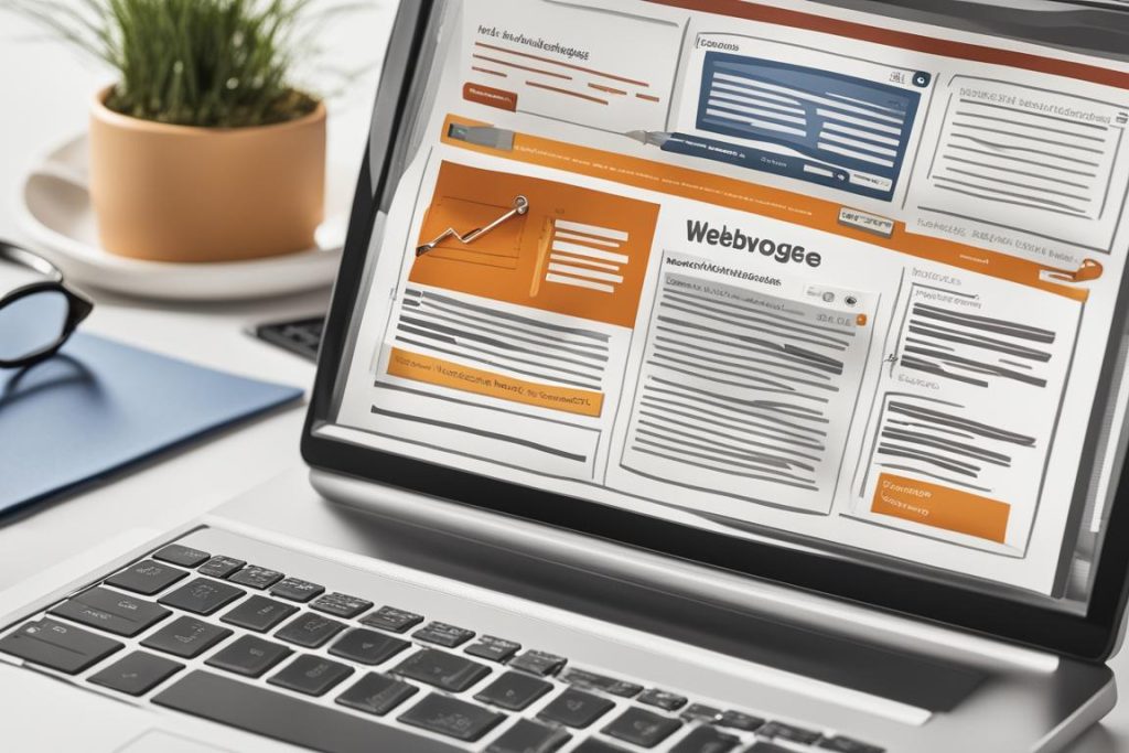 A close-up image of a computer screen displaying a website homepage with SEO optimization elements
