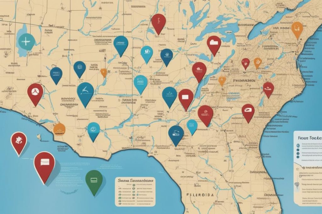 An image of a Florida map with markers indicating different locations