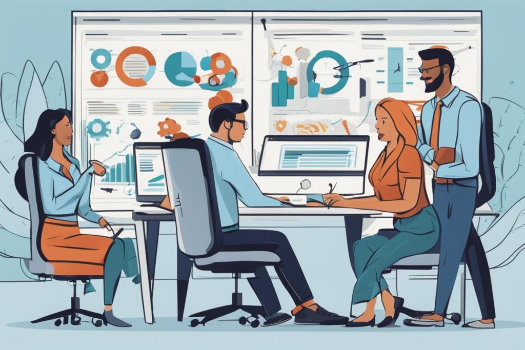 An image of a diverse team of SEO experts brainstorming and collaborating on strategies in a modern