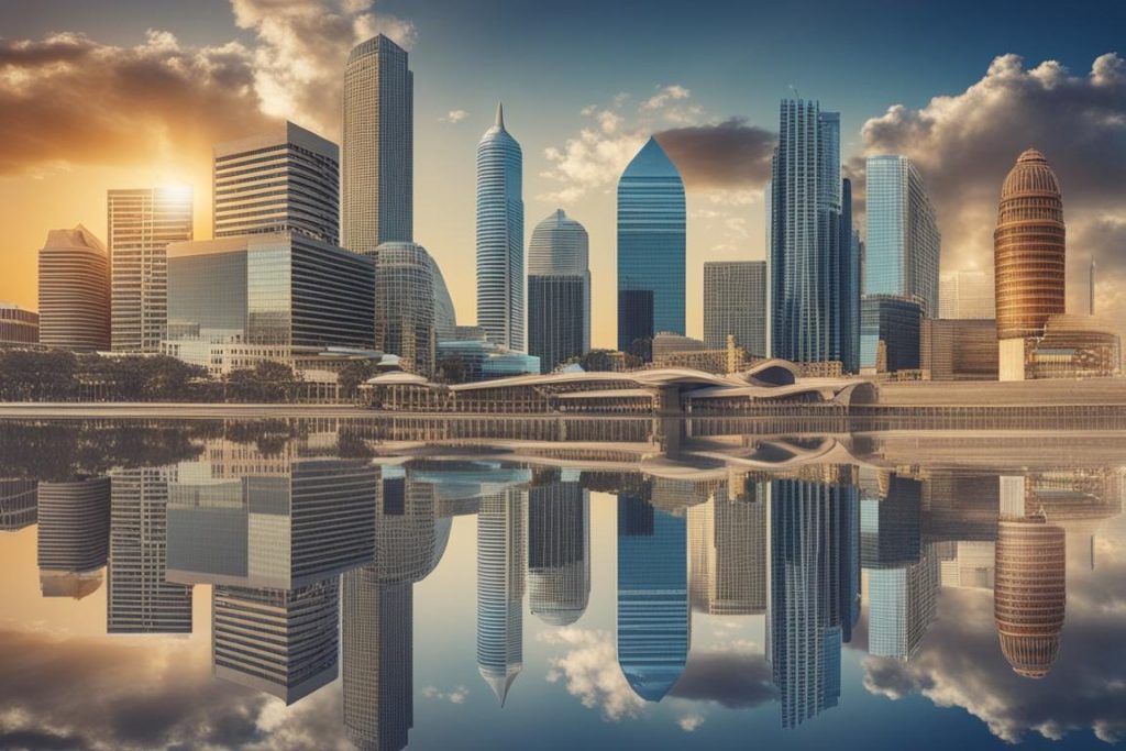 An image of a modern city skyline with prominent buildings and digital elements integrated into the