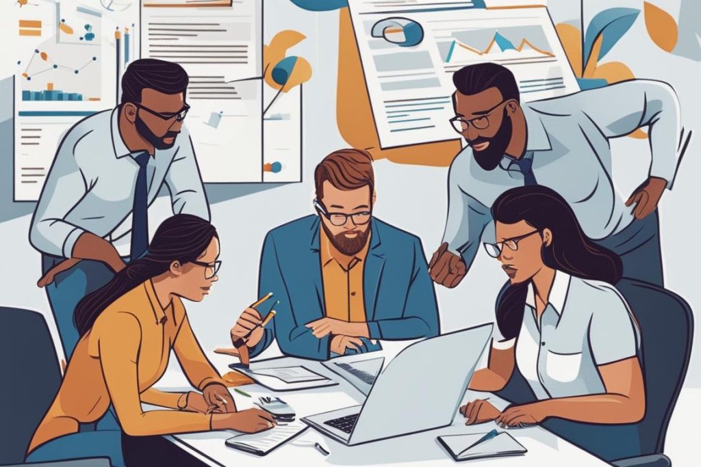 An image showing a diverse team of SEO professionals brainstorming and working together in a modern