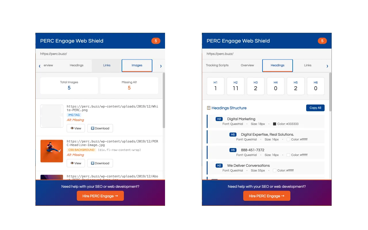 PERC Engage Web Shield showing heading analysis with H1 through H6 counts and image audit with missing alt text warnings
