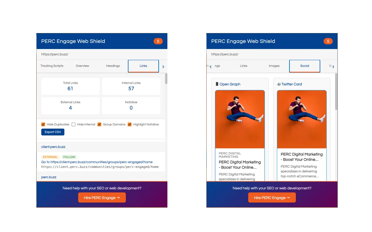 PERC Engage Web Shield showing link analysis with totals and social sharing previews for Open Graph and Twitter Card